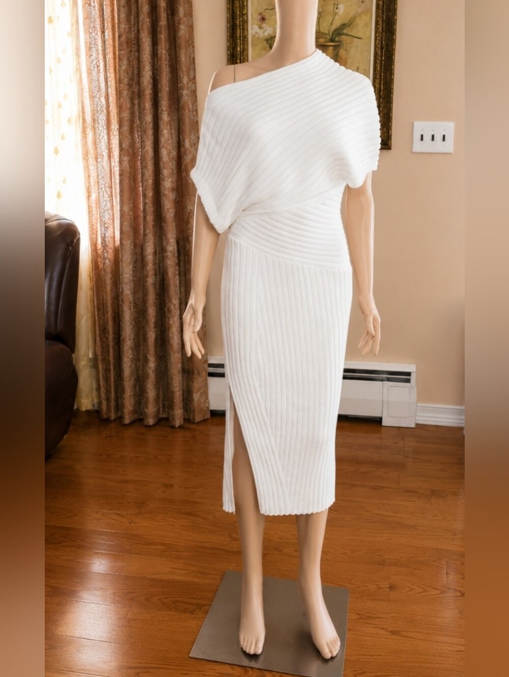 Cult Gaia Naunet Asymmetric neck knitted midi dress Off White Small - Picture 6 of 16